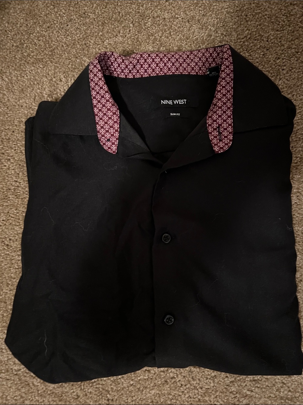 Nine West Black Dress Shirt with Burgundy Patterned Collar